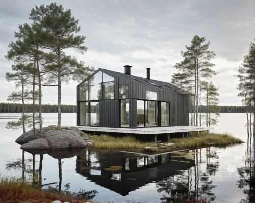 inverted cottage,house by the water,house with lake,mirror house,cube stilt houses,floating huts,summer house,house in the forest,cubic house,small cabin,houseboat,summer cottage,boat house,timber house,holiday home,cube house,scandinavian style,danish house,stilt house,wooden house