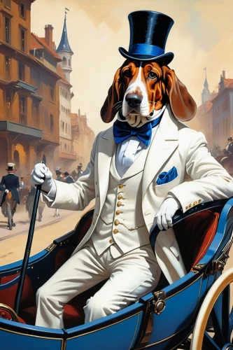 aristocrat,anthropomorphized animals,beagador,gondolier,king charles spaniel,gentlemanly,figaro,chauffeur car,concierge,beagle,chauffeur,jack russel,dog illustration,beaglier,basset hound,jack russell,american foxhound,conductor,english toy terrier,napoleon iii style,Conceptual Art,Oil color,Oil Color 04