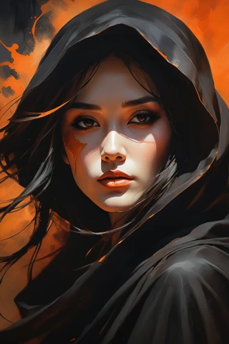 fantasy portrait,cloak,world digital painting,rosa ' amber cover,sorceress,digital painting,orange robes,mystical portrait of a girl,scythe,fiery,fantasy art,vampire woman,fire siren,red riding hood,portrait background,hand digital painting,the enchantress,the witch,flame spirit,digital art,Conceptual Art,Oil color,Oil Color 04