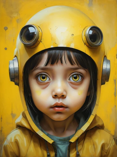 kids illustration,world digital painting,diving bell,little yellow,yellow,child portrait,yellow machinery,bumblebee,yellow bell,yellow eye,music player,yellow orange,minion,beekeeper,walkman,yellow color,yellow jacket,children's eyes,casque,audio player,Illustration,Abstract Fantasy,Abstract Fantasy 18