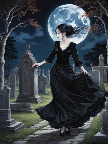 dance of death,gothic woman,dead bride,danse macabre,gothic dress,gothic fashion,celebration of witches,burial ground,life after death,halloween illustration,gothic portrait,of mourning,gothic style,vampire lady,tombstones,vampire woman,fantasy picture,goth woman,gothic,grave light,Illustration,Japanese style,Japanese Style 18
