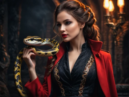 vampire woman,snake charming,sorceress,ball python,vampire lady,candlemaker,red tailed boa,red coat,gothic portrait,celebration of witches,red tunic,potions,poisonous,snake charmers,magician,fairy tale character,potion,psychic vampire,victorian lady,fantasy portrait,Photography,General,Fantasy