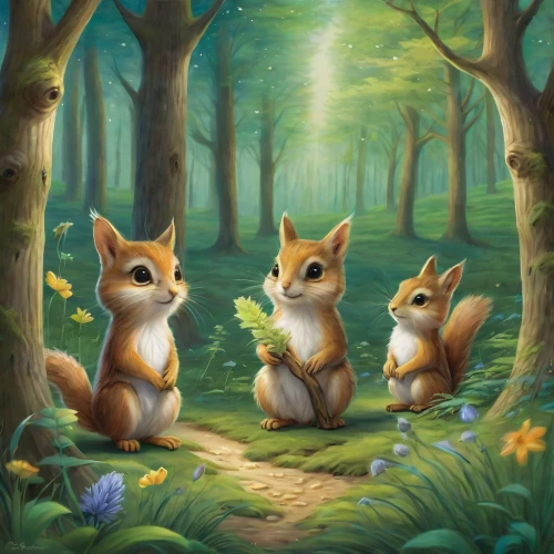 squirrels,chinese tree chipmunks,woodland animals,rabbit family,forest animals,fairy forest,hares,rabbits and hares,acorns,three friends,forest background,foxes,female hares,springtime background,cartoon forest,forest glade,squirell,fox stacked animals,hare trail,three flowers,Photography,General,Natural