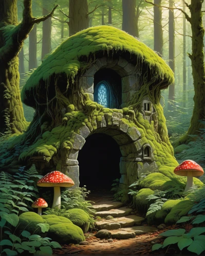 mushroom landscape,fairy house,fairy door,mushroom island,house in the forest,fairy village,forest mushroom,studio ghibli,witch's house,forest mushrooms,fairy forest,dandelion hall,elven forest,druid grove,enchanted forest,fairy chimney,toadstools,club mushroom,fairy world,fairytale forest,Illustration,Realistic Fantasy,Realistic Fantasy 04