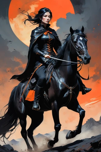 black horse,heroic fantasy,bronze horseman,horseman,joan of arc,horseback,cavalry,swordswoman,huntress,scythe,sci fiction illustration,alpha horse,black shepherd,horse herder,the wanderer,warrior woman,yi sun sin,orange,rosa ' amber cover,mulan,Conceptual Art,Oil color,Oil Color 04