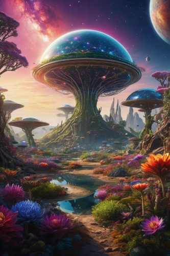 mushroom landscape,alien world,alien planet,futuristic landscape,mushroom island,fantasy landscape,cosmos field,fantasy picture,extraterrestrial life,fairy world,valerian,terraforming,utopian,planet eart,cosmos,apiarium,garden of eden,fantasy art,fantasy world,planet alien sky,Photography,General,Natural