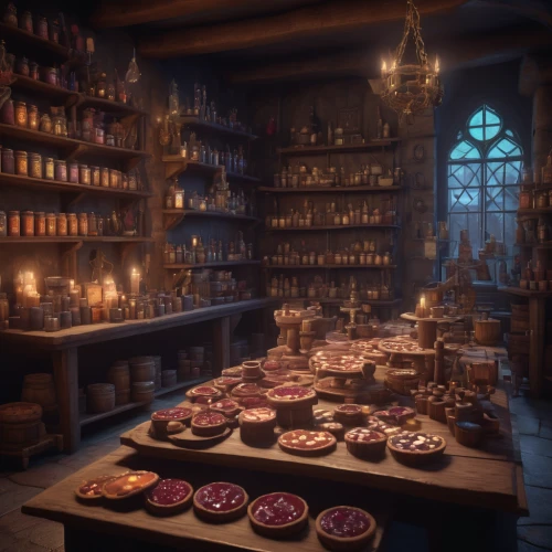 apothecary,candlemaker,potions,brandy shop,confectioner,victorian kitchen,bakery,soap shop,gingerbread maker,kitchen shop,shopkeeper,thirteen desserts,confectionery,tealights,french confectionery,dark cabinetry,potter's wheel,butcher shop,the kitchen,candy cauldron,Conceptual Art,Fantasy,Fantasy 01