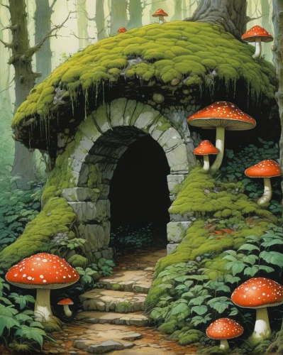 mushroom landscape,mushroom island,toadstools,forest mushrooms,fairy village,forest mushroom,umbrella mushrooms,fairy forest,mushrooms,toadstool,mushrooming,fairy house,club mushroom,lingzhi mushroom,edible mushrooms,medicinal mushroom,brown mushrooms,cartoon forest,mushroom type,agaric,Illustration,Realistic Fantasy,Realistic Fantasy 04