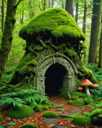 fairy house,mushroom landscape,fairy forest,fairy village,fairy door,fairy chimney,mushroom island,fairytale forest,forest mushroom,enchanted forest,forest chapel,house in the forest,witch's house,fairy stand,fairy tale castle,fairy world,elven forest,forest moss,toadstool,moss,Illustration,Realistic Fantasy,Realistic Fantasy 04
