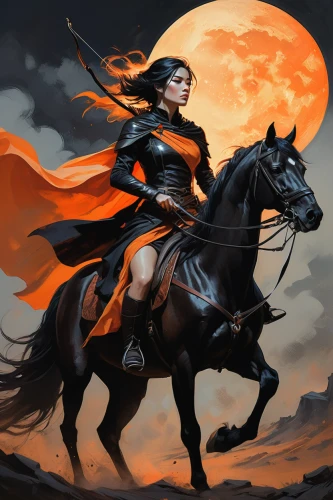 black horse,warrior woman,heroic fantasy,horseback,horseman,joan of arc,bronze horseman,swordswoman,fantasy picture,equestrian,black shepherd,fantasy art,mulan,female warrior,fantasy woman,crow queen,fire horse,scythe,horse herder,queen of the night,Conceptual Art,Oil color,Oil Color 04