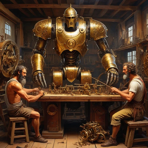 craftsmen,watchmaker,chess men,fantasy art,clockmaker,arm wrestling,dwarves,sci fiction illustration,tinsmith,dwarf cookin,metalsmith,chess game,massively multiplayer online role-playing game,meticulous painting,the boiler room,droids,3d fantasy,steampunk,machines,robot combat,Conceptual Art,Fantasy,Fantasy 04