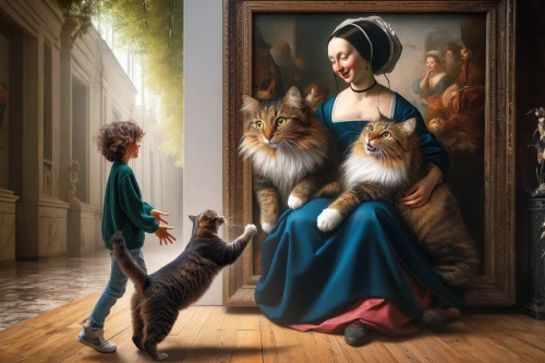 fantasy picture,domestic long-haired cat,admired,world digital painting,cat family,figaro,fantasy art,courtship,romantic portrait,children's fairy tale,the pied piper of hamelin,art painting,family portrait,pet portrait,cat portrait,ritriver and the cat,cat lovers,stepmother,popular art,meticulous painting