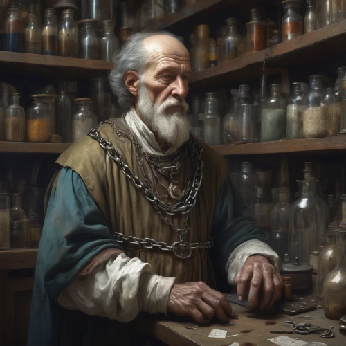 apothecary,merchant,watchmaker,candlemaker,shopkeeper,alchemy,clockmaker,tinsmith,chemist,theoretician physician,vendor,the collector,metalsmith,potions,physician,meticulous painting,craftsman,archimedes,blacksmith,silversmith,Conceptual Art,Fantasy,Fantasy 01