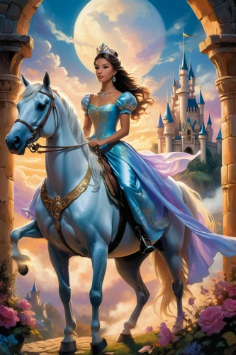 fantasy picture,cinderella,princess sofia,fairy tale character,horseback,fantasy art,equestrianism,fairy tale,equestrian,children's fairy tale,fantasy woman,fairytales,fairy tale icons,horseback riding,shanghai disney,fairy tales,horse riding,arabian horse,unicorn background,heroic fantasy,Conceptual Art,Oil color,Oil Color 04