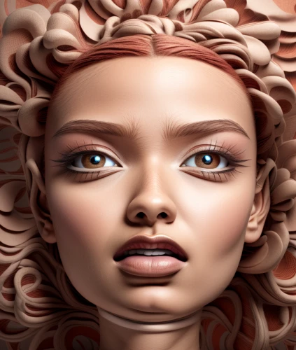 artificial hair integrations,doll's facial features,medusa,woman face,sculpt,woman's face,doll head,airbrushed,natural cosmetic,cosmetic,head woman,gradient mesh,fractalius,cosmetic brush,realdoll,beauty face skin,mandelbulb,angelica,doll's head,image manipulation