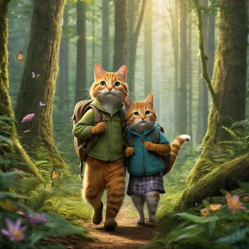 woodland animals,cat family,children's background,girl and boy outdoor,forest walk,little boy and girl,two cats,forest animals,ritriver and the cat,happy children playing in the forest,in the forest,cartoon forest,peter rabbit,animal film,childhood friends,mowgli,cat lovers,hikers,red tabby,the forest,Photography,General,Natural