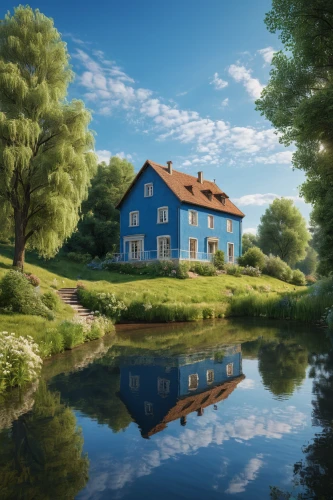 house with lake,danish house,home landscape,fisherman's house,house by the water,frisian house,house painting,summer cottage,lonely house,houseboat,little house,water mill,farm house,houses clipart,house in the forest,blue painting,dutch landscape,country house,farmhouse,small house,Photography,General,Natural