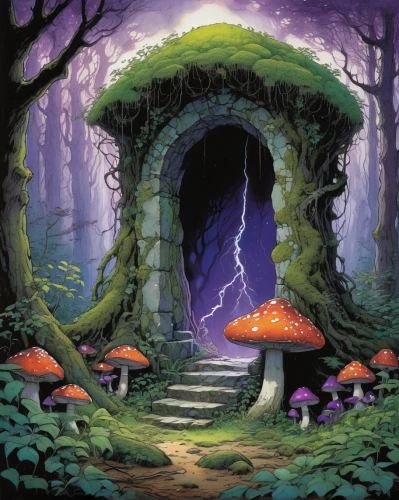 mushroom landscape,fairy village,mushroom island,fairy house,fairy forest,fairy world,toadstools,forest mushroom,forest mushrooms,club mushroom,witch's house,fairy door,mushrooms,enchanted forest,fairy chimney,druid grove,magical adventure,cubensis,mushrooms brown mushrooms,mushroom type,Illustration,Realistic Fantasy,Realistic Fantasy 04