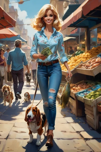 farmer's market,farmers market,girl with dog,woman shopping,the market,world digital painting,sci fiction illustration,game illustration,fruit market,shopping icon,market,shopping street,marketplace,woman walking,cavapoo,woman with ice-cream,heidi country,walking dogs,vegetable market,dog walker,Conceptual Art,Oil color,Oil Color 04