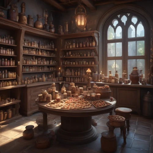 apothecary,potions,candlemaker,victorian kitchen,pantry,kitchen shop,soap shop,hobbiton,brandy shop,shopkeeper,bakery,alchemy,merchant,potter's wheel,collected game assets,miniatures,cabinetry,cosmetics counter,tinsmith,the kitchen,Conceptual Art,Fantasy,Fantasy 01