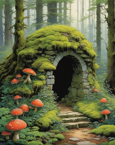 mushroom landscape,mushroom island,forest mushroom,fairy house,forest mushrooms,fairy village,fairy forest,toadstools,fairy door,elven forest,umbrella mushrooms,forest floor,lingzhi mushroom,house in the forest,forest glade,fairy chimney,round hut,druid grove,fairy world,mushrooms,Illustration,Realistic Fantasy,Realistic Fantasy 04