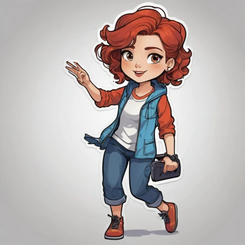girl in overalls,merida,jean jacket,vector girl,nora,fashionable girl,girl with speech bubble,flat blogger icon,clary,kids illustration,chibi girl,red-haired,camera illustration,retro girl,fashion vector,cute cartoon character,clementine,overalls,pubg mascot,lady pointing,Unique,Design,Sticker