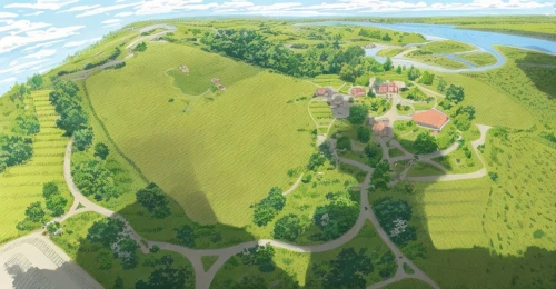 studio ghibli,ginkaku-ji,clover meadow,panoramical,green valley,an island far away landscape,yamada's rice fields,bird's-eye view,the island,floating islands,knight village,wine-growing area,building valley,hobbiton,aerial landscape,escher village,mountain settlement,development concept,mushroom island,peninsula,Landscape,Landscape design,Landscape Plan,Summer