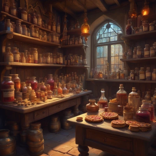 apothecary,potions,candlemaker,shopkeeper,soap shop,brandy shop,alchemy,potion,victorian kitchen,spice market,tealights,hogwarts,tinsmith,pantry,kitchen shop,merchant,reagents,bakery,confectioner,medieval market,Conceptual Art,Fantasy,Fantasy 01