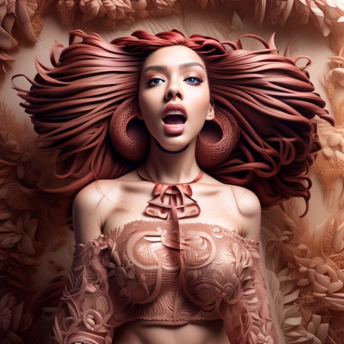 root chakra,red ginger,coral-like,coral swirl,wild ginger,aphrodite,medusa,coral,deep coral,intestines,rose gold,retouching,asian vision,photo manipulation,human internal organ,retouch,rib cage,maori,indonesian women,surrealistic