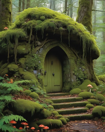 fairy door,fairy house,house in the forest,witch's house,fairy village,fairy forest,fairytale forest,enchanted forest,mushroom landscape,elven forest,hobbit,forest moss,moss,dandelion hall,studio ghibli,witch house,fairy world,a fairy tale,hobbiton,fairy tale,Illustration,Realistic Fantasy,Realistic Fantasy 04