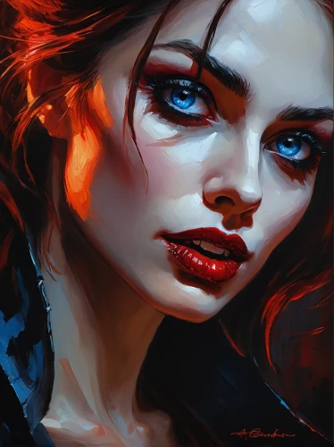 vampire woman,black widow,harley,transistor,vampire lady,fantasy portrait,digital painting,scarlet witch,romantic portrait,mystique,world digital painting,clary,red head,woman face,mystical portrait of a girl,nami,red-haired,fire red eyes,fantasy art,fiery,Conceptual Art,Oil color,Oil Color 06