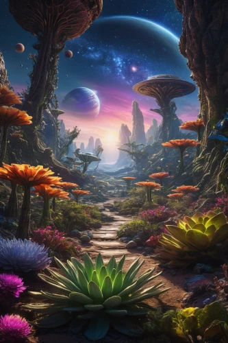 mushroom landscape,fantasy landscape,alien world,fairy world,druid grove,fantasy picture,alien planet,futuristic landscape,cosmos field,fairy forest,mushroom island,fairy village,garden of eden,fantasy art,3d fantasy,terraforming,the mystical path,cartoon video game background,enchanted forest,fantasy world,Photography,General,Natural