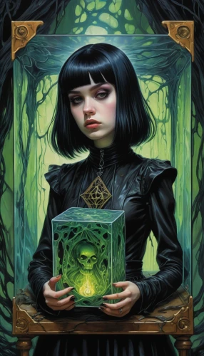 magic grimoire,gothic portrait,anahata,the enchantress,ivy frame,frame illustration,fantasy portrait,divination,caerula,clover frame,sorceress,collectible card game,game illustration,poisonous plant,mystical portrait of a girl,botanical square frame,green aurora,forest clover,weaver card,botanical frame,Illustration,Retro,Retro 14