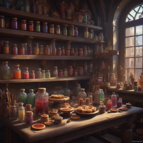 apothecary,potions,candlemaker,alchemy,potion,hogwarts,cosmetics,sewing room,shopkeeper,meticulous painting,victorian kitchen,soap shop,watercolor tea shop,watercolor shops,bakery,cosmetics counter,confectioner,tinsmith,potter's wheel,merchant,Conceptual Art,Fantasy,Fantasy 01