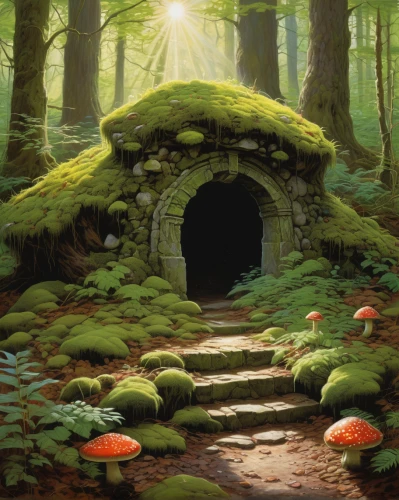 mushroom landscape,fairy house,fairy forest,mushroom island,fairy door,forest mushroom,fairy village,toadstools,forest mushrooms,toadstool,umbrella mushrooms,fairy chimney,fairy world,fairytale forest,enchanted forest,elven forest,faery,mushrooming,fantasy landscape,druid grove,Illustration,Realistic Fantasy,Realistic Fantasy 04