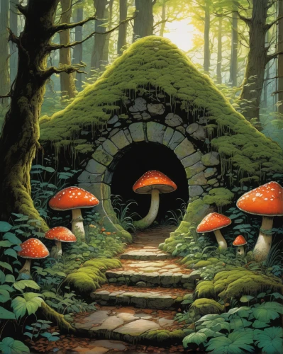 mushroom landscape,forest mushroom,forest mushrooms,mushroom island,fairy forest,fairy village,fairy house,umbrella mushrooms,mushrooms,toadstools,enchanted forest,fairy world,toadstool,mushroom,forest path,mushroom type,agaric,lingzhi mushroom,fairy door,mushrooming,Illustration,Realistic Fantasy,Realistic Fantasy 04