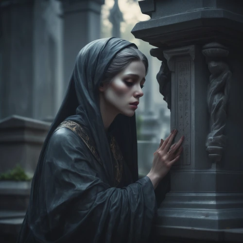 woman praying,praying woman,of mourning,sepulchre,gothic portrait,sorrow,burial ground,mourning,girl praying,gothic woman,dark gothic mood,seven sorrows,grief,cemetary,weeping angel,grave stones,magnolia cemetery,hollywood cemetery,offering,tombstones,Conceptual Art,Fantasy,Fantasy 01