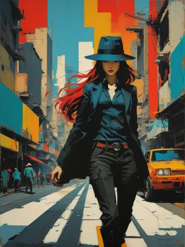 transistor,pedestrian,woman walking,a pedestrian,sprint woman,girl walking away,sci fiction illustration,policewoman,world digital painting,the hat-female,woman in menswear,the hat of the woman,woman thinking,smooth criminal,red cloud,travel woman,crosswalk,the girl at the station,city ​​portrait,head woman,Illustration,Abstract Fantasy,Abstract Fantasy 17