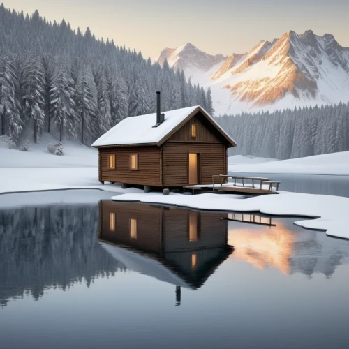 mountain hut,winter house,winter lake,house with lake,emerald lake,the cabin in the mountains,alpine lake,log cabin,winter landscape,frozen lake,small cabin,alpine hut,log home,lake misurina,house in mountains,snow shelter,snowy landscape,snow house,floating huts,snow landscape,Art,Artistic Painting,Artistic Painting 48