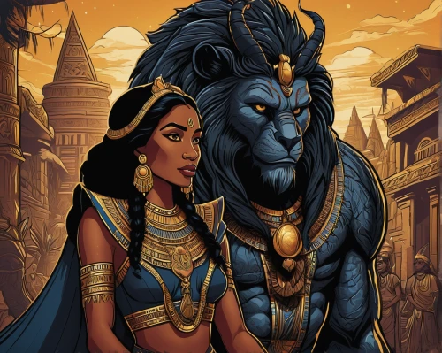 she feeds the lion,lions couple,pharaoh,pharaohs,pharaonic,ancient egyptian,two lion,ancient egypt,cleopatra,black couple,nile,karnak,ramayana,protectors,egyptian,jaya,game illustration,tantra,wolf couple,beautiful couple,Illustration,Realistic Fantasy,Realistic Fantasy 25