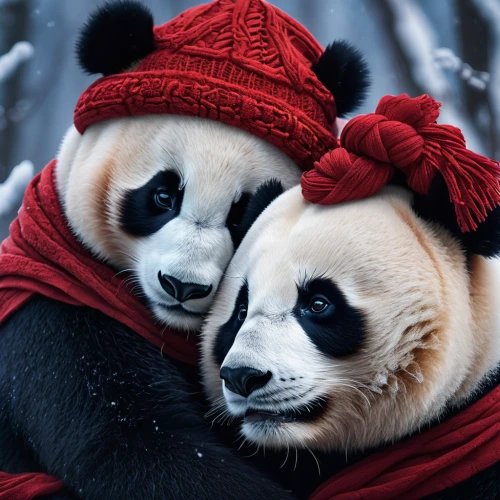 pandas,chinese panda,winter animals,panda bear,warm and cozy,cute animals,panda face,penguin couple,giant panda,kawaii panda,little panda,baby panda,scarf animal,panda,sweethearts,animals play dress-up,hanging panda,valentine bears,beautiful couple,pandabear,Photography,General,Fantasy