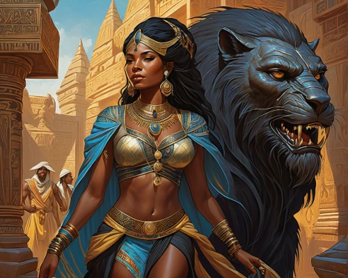 cleopatra,she feeds the lion,warrior woman,priestess,lioness,lionesses,female warrior,goddess of justice,ancient egyptian girl,pharaoh,sphinx,female lion,fantasy portrait,fantasy art,fantasy woman,athena,african american woman,african woman,heroic fantasy,blue enchantress,Illustration,Realistic Fantasy,Realistic Fantasy 03