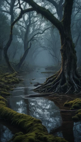 swampy landscape,crooked forest,elven forest,bayou,foggy forest,forest landscape,riparian forest,swamp,freshwater marsh,the roots of trees,forest tree,backwater,fantasy landscape,forest dark,fairy forest,fairytale forest,tidal marsh,river landscape,forest glade,foggy landscape,Photography,General,Natural