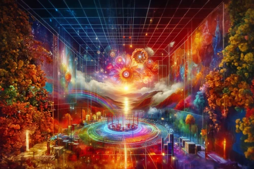 psychedelic art,trip computer,astral traveler,psychedelic,prism,dimension,dimensional,hallucinogenic,aura,fractal environment,cyberspace,prism ball,transcendental,flow of time,colorful tree of life,panoramical,imagination,lsd,inner space,root chakra