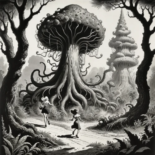 mushroom landscape,tree mushroom,mushroom island,the roots of trees,tree grove,forest mushroom,tree of life,cartoon forest,monkey island,magic tree,fairy forest,book illustration,hand-drawn illustration,the girl next to the tree,sci fiction illustration,happy children playing in the forest,the forest,enchanted forest,game illustration,the forests,Illustration,Retro,Retro 18