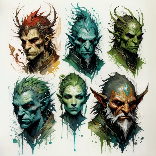 half orc,orc,elves,green goblin,druid grove,druids,dwarves,warrior and orc,green skin,avatars,scandia gnomes,undead,werewolves,faces,graves,male elf,game characters,man portraits,green dragon,witcher,Illustration,Paper based,Paper Based 13