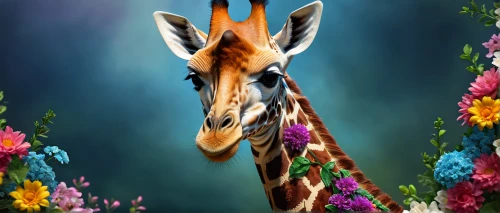 flower animal,giraffe,tropical floral background,giraffidae,floral background,flower background,giraffes,springtime background,spring background,whimsical animals,flowers png,animals play dress-up,floral digital background,two giraffes,circus animal,unicorn background,floral greeting card,tropical animals,giraffe head,flower nectar,Photography,General,Fantasy