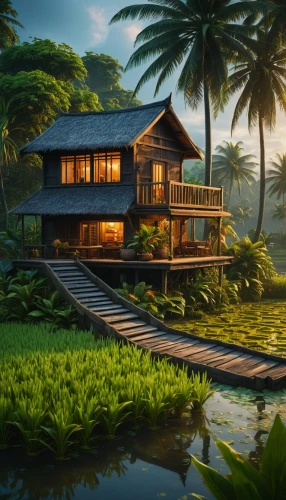 tropical house,house by the water,summer cottage,tropical island,house with lake,tropical greens,kerala,holiday villa,home landscape,florida home,beautiful home,idyllic,wooden house,floating huts,houseboat,tropical jungle,tropics,cottage,house in the forest,over water bungalow,Photography,General,Fantasy
