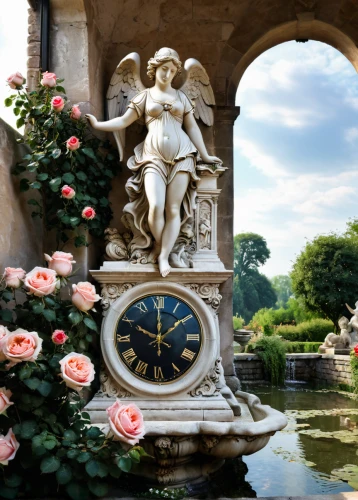 flower clock,sanssouci,secret garden of venus,villa d'este,decorative fountains,versailles,rococo,veules-les-roses,sun dial,wall clock,tower clock,astronomical clock,clock face,sundial,garden of the fountain,garden decor,spring forward,garden decoration,garden statues,garden ornament,Photography,General,Natural