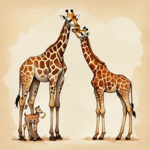 two giraffes,giraffes,giraffidae,giraffe,whimsical animals,stacked animals,anthropomorphized animals,giraffe plush toy,mammals,long necked,cute animals,small animals,animal shapes,line art animals,limb males,scandia animals,big and small,exotic animals,size comparison,kawaii animals,Illustration,Children,Children 04